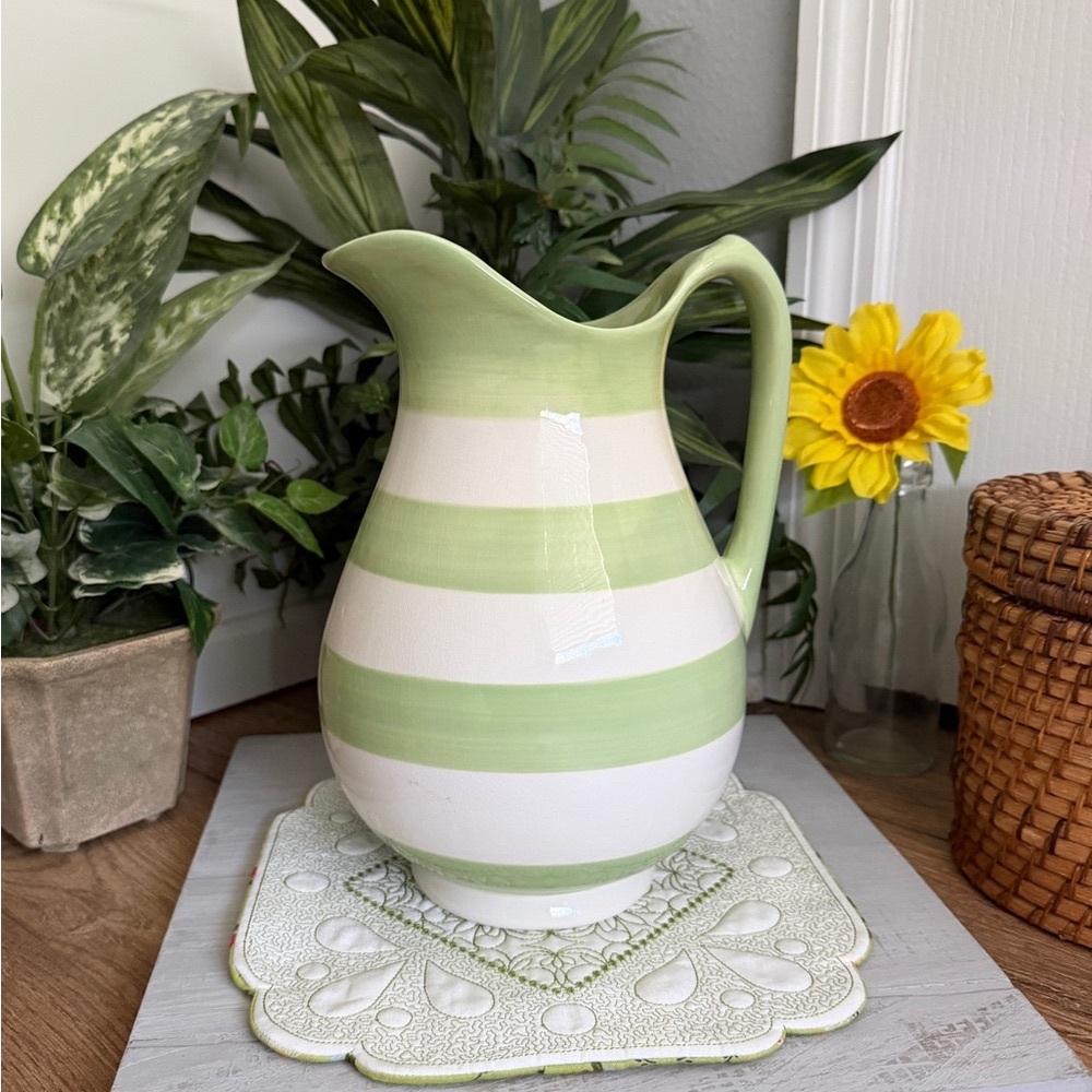 Hallmark 10” Green & White Striped Stoneware Pitcher